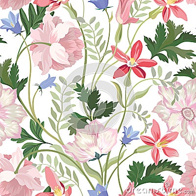 Floral seamless pattern. Beautiful spring summer background with tropical garden flowers, palm leaves. Gentle flower tile Stock Photo