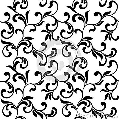 Floral seamless pattern. Black swirls and foliage isolated on a white background. Vector Illustration