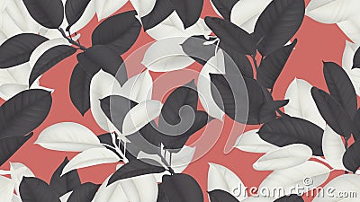 Floral seamless pattern, black and white Ficus Elastica / rubber plant on red Vector Illustration