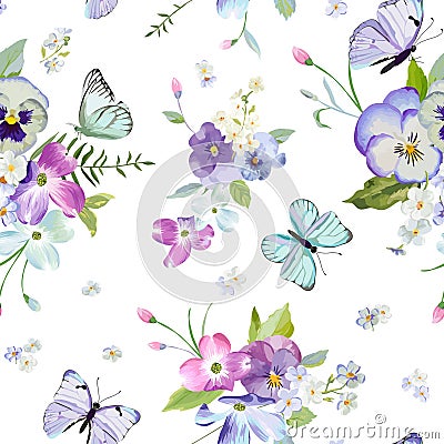 Floral Seamless Pattern with Blooming Flowers and Flying Butterflies. Watercolor Nature Background for Fabric, Wallpaper Vector Illustration