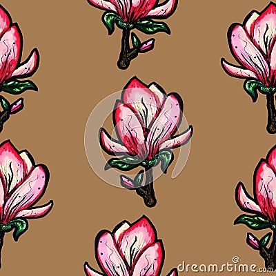 Floral seamless pattern. Blooming magnolia on a brown background. Print for fabric and other surfaces. Raster illustration Cartoon Illustration