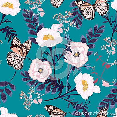 Floral seamless pattern blooming white flowers with butterfly Botanical garden Motifs vector texture. Design for fashion Stock Photo