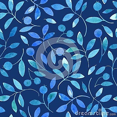 Floral seamless pattern with blue branches and berries. Cartoon Illustration