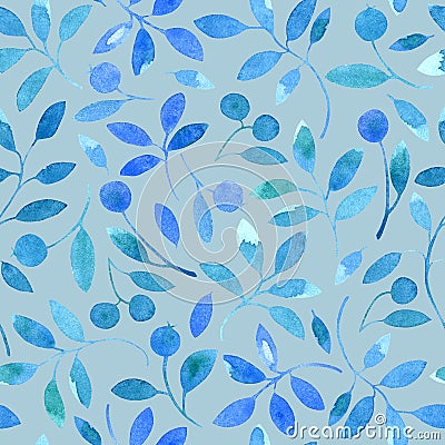 Floral seamless pattern with blue branches and berries. Cartoon Illustration