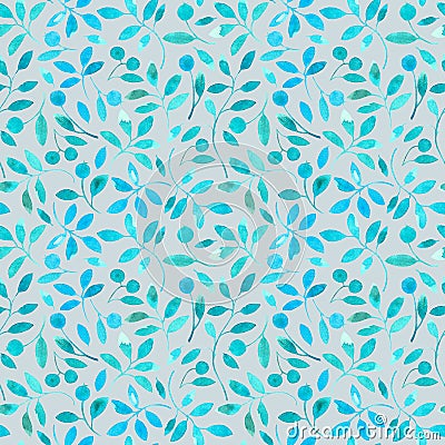Floral seamless pattern with blue branches and berries. Cartoon Illustration