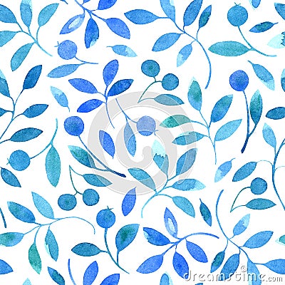 Floral seamless pattern with blue branches and berries. Cartoon Illustration