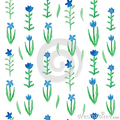 Floral seamless pattern blue flowers with green leafs. Vector Illustration