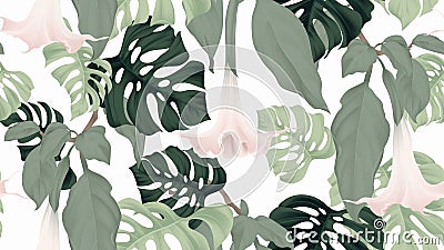 Floral seamless pattern, Brugmansia or Angels trumpet flowers and split-leaf Philodendron plant on light gray background Vector Illustration