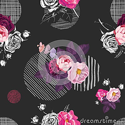 Floral seamless pattern with bunches of wild rose flowers and gray round elements of different textures on black Vector Illustration