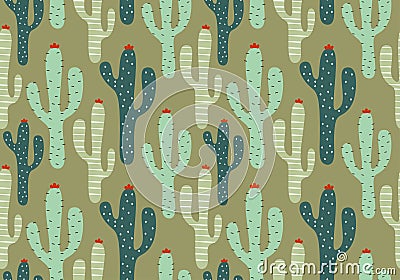Floral seamless pattern with cactus colorful drawing. Nursery flora leaves hand drawn scandinavian. Vector illustration for kids Vector Illustration