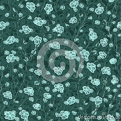 Floral seamless pattern. Contours of Abstract light blue flowers and green leaves on green background Stock Photo