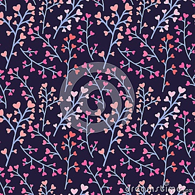 Floral seamless pattern with cute hearts. Pastel colors vector background. Textile print design. Vector Illustration