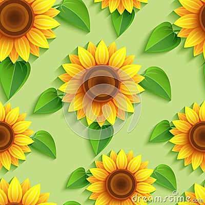 Floral seamless pattern with 3d sunflowers Vector Illustration