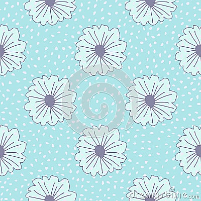 Floral seamless pattern with daisy flowers. Blue background with dots. Outline contoured botanic elements Cartoon Illustration