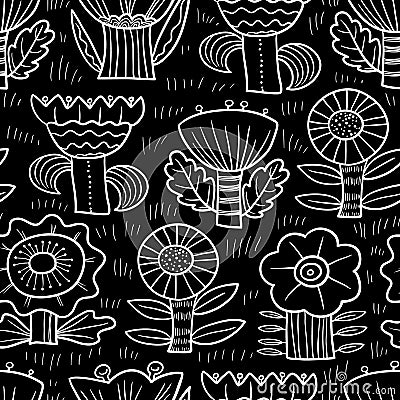 Floral seamless pattern. Doodle background with abstract flowers and leaves.Vector illustration Vector Illustration