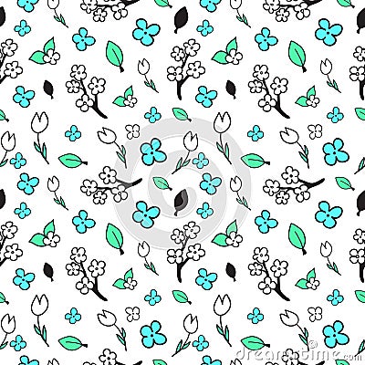 Floral seamless pattern drawn by hand. Graphic vector floral pattern in black and white, blue, green colors. Minimalistic, simple Vector Illustration