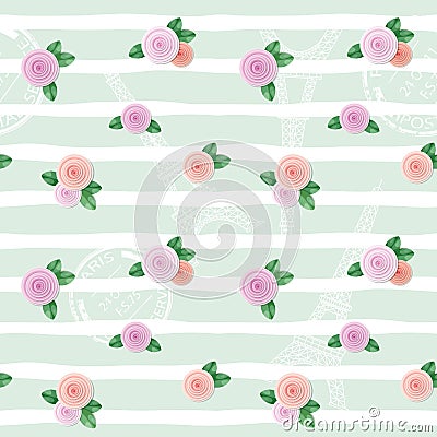 Floral seamless pattern with Eiffel tower, stamps and roses on hand drawn stripped background. Vector Illustration