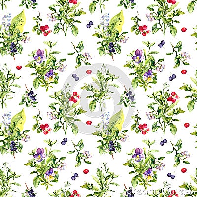 Floral seamless pattern - field flowers, summer berries, herbs, meadow grass. Watercolor repeated background Stock Photo