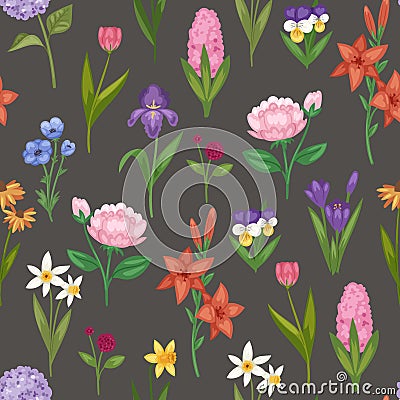 Floral seamless pattern with field and garden summer flowers vector ilustration. Field garden flowers anemone, peony and Vector Illustration