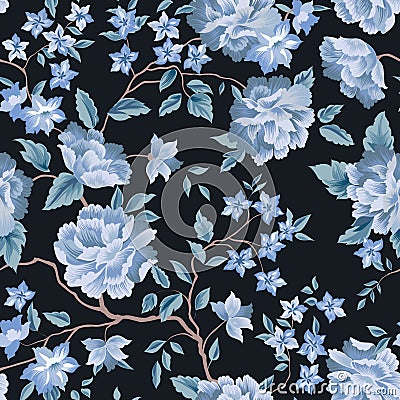 Floral seamless pattern. Flower rose black background. Flourish Stock Photo