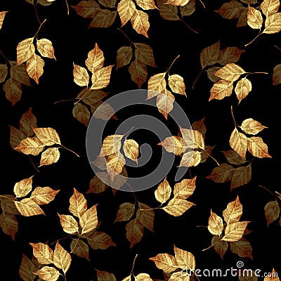 Floral seamless pattern with gold leaves on black. Decorative background. Stock Photo