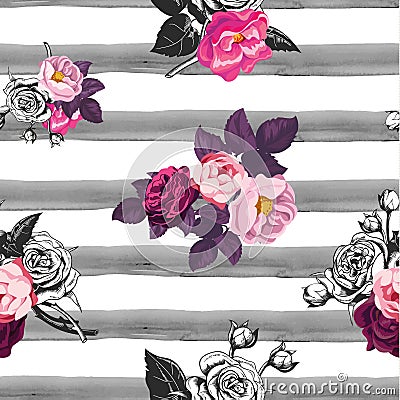 Floral seamless pattern with half colored bunches of flowers and gray hand painted watercolor stripes on background Vector Illustration