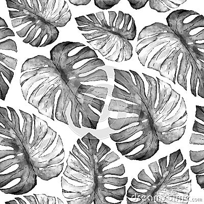 Floral seamless pattern. Hand drawing grey watercolor tropical leaves. Stock Photo