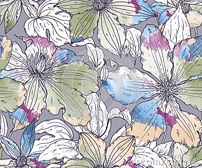 Floral seamless pattern on with hand drawn clematis flowers Vector Illustration