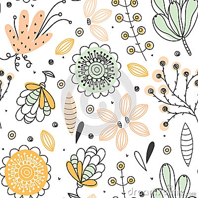 Floral seamless pattern. Hand drawn creative flowers. Colorful artistic background with blossom. Abstract herb Vector Illustration