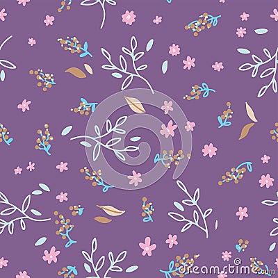 Floral seamless pattern. Hand drawn doodle leaves, brances and flower background. Nature Spring wrapping paper. Vector outline Cartoon Illustration