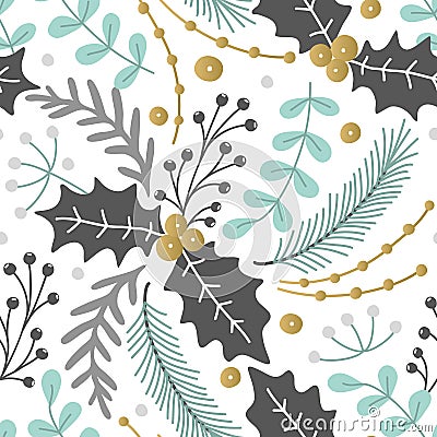 Floral seamless pattern. Hand drawn herbs. Merry Christmas. Winter holiday. Artistic background. Holly Vector Illustration