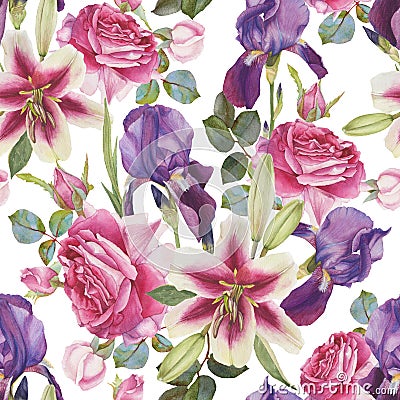 Floral seamless pattern with hand drawn watercolor lilies, roses and iris Stock Photo
