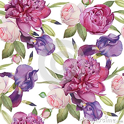 Floral seamless pattern with hand drawn watercolor peonies, roses and irises Stock Photo