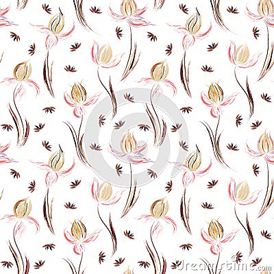 Floral seamless pattern of irises and dandelion seeds. Irises painted imitation of oil paint. Creative execution of Vector Illustration