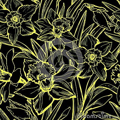 Floral seamless pattern with large hand drawn flowers Daffodils Stock Photo