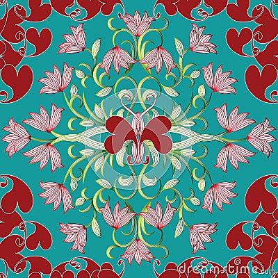 Floral seamless pattern. Light turquoise flourish vector background wallpaper with vintage decorative red paisley love hearts, st Vector Illustration