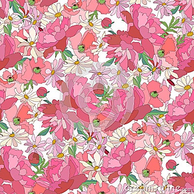 Floral seamless pattern made of peony and different summer flowers Stock Photo