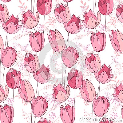 Floral seamless pattern made of pink tulips. Stock Photo