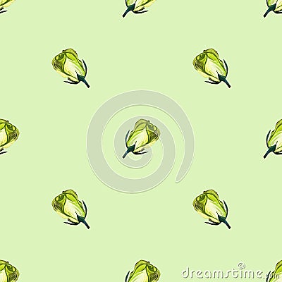 Floral seamless pattern made of roses. Acrilic painting with green flower buds on pale background. Botanical illustration for Cartoon Illustration