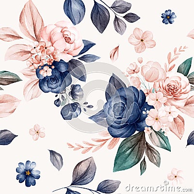 Floral seamless pattern of navy and peach watercolor roses and wild flowers arrangements on white background for fashion, print, Vector Illustration