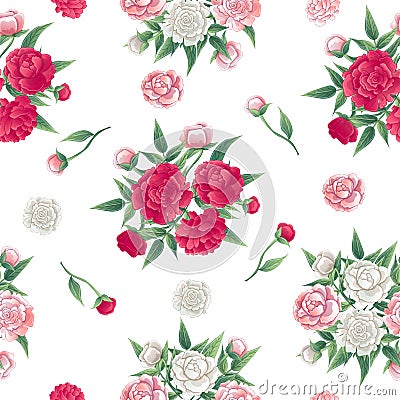 Floral Seamless Pattern. Peonies Background. Pink and White Peon Vector Illustration