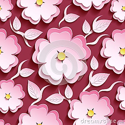 Floral seamless pattern pink 3d sakura and leaves Vector Illustration