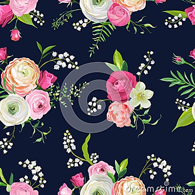 Floral Seamless Pattern with Pink Flowers and Lily. Botanical Background for Fabric Textile, Wallpaper, Wrapping Paper Vector Illustration