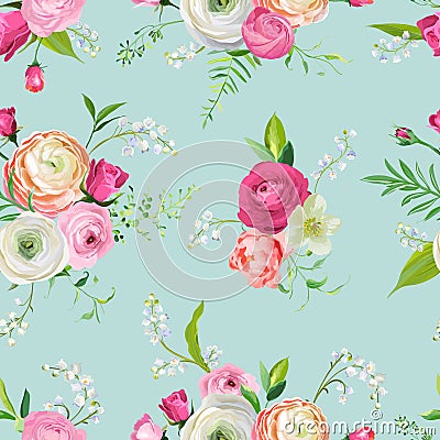 Floral Seamless Pattern with Pink Flowers and Lily. Botanical Background for Fabric Textile, Wallpaper, Wrapping Paper Vector Illustration