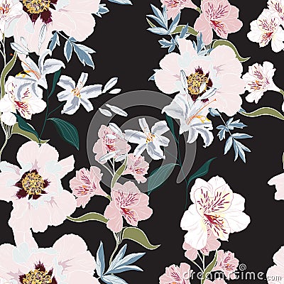 Floral Seamless Pattern with Pink Peony Flowers, alstroemeria and lilies. Vector Illustration