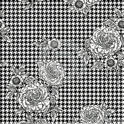 Floral seamless pattern with plaid background. Vector template. Vector Illustration