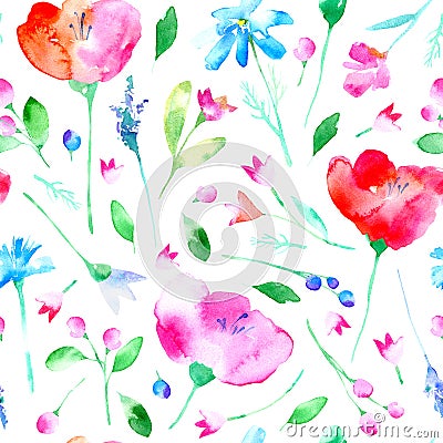Floral seamless pattern with poppy flowers,bluebell, lavender, cornflower, chamomile and daisy. Cartoon Illustration