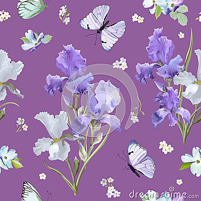 Floral Seamless Pattern with Purple Blooming Iris Flowers and Flying Butterflies. Watercolor Nature Background for Fabric Vector Illustration