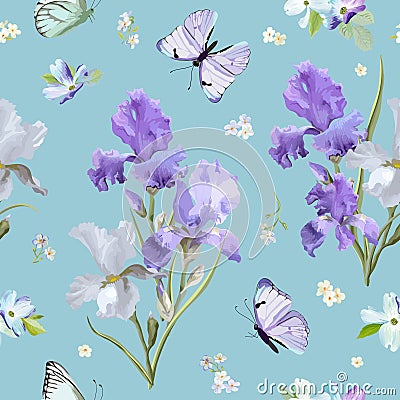 Floral Seamless Pattern with Iris Flowers Vector Illustration