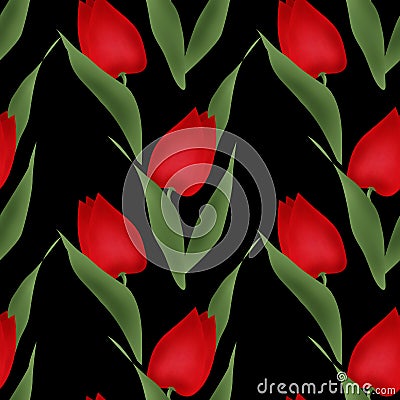 Floral seamless pattern red tulips illustration black background Cartoon Illustration